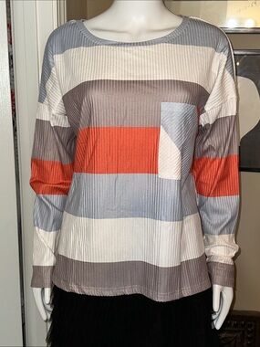 Women's Long-Sleeve Striped Tee - Rust, Blue, Gray & White